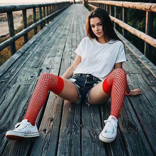 Young Woman in Casual White T-Shirt and Red Fishnet Stockings Sitting on Wooden Boardwalk
