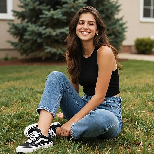 Smiling Young Woman Sitting on Grass in Casual Outfit