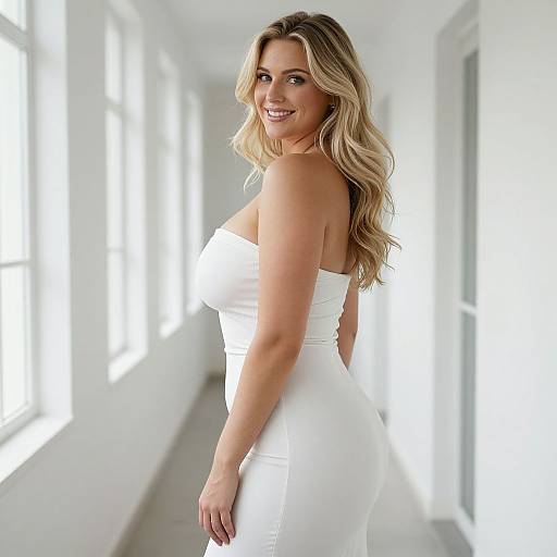 Blonde Woman in White Strapless Dress Posing in Minimalist Bright Setting