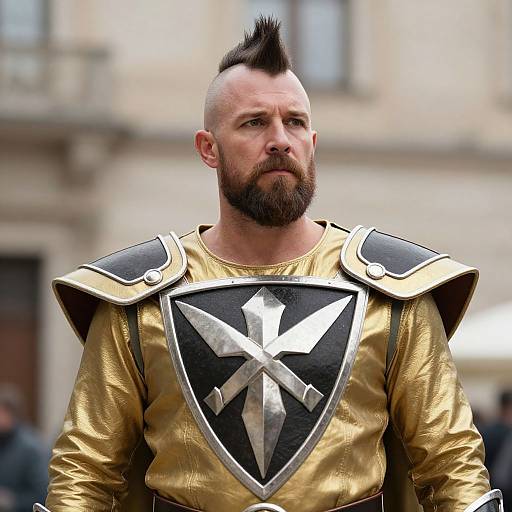 Man in Metallic Gold Knight Armor with Mohawk Hairstyle