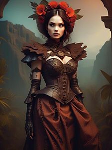Steampunk Woman in Elaborate Outfit with Floral Headpiece