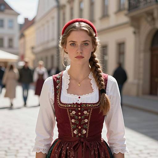 Young Woman in Traditional Bavarian Dirndl on Historic European Street