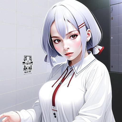 Anime Girl with Silver Hair in White Shirt by Hakase Fuyuki