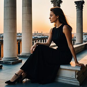 Woman in Black Dress at Sunset