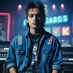 Young man in denim jacket with piercing gaze in neon-lit setting