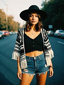 Woman Wearing Bohemian Patterned Monochrome Cardigan with Fringed Hem and Denim Shorts