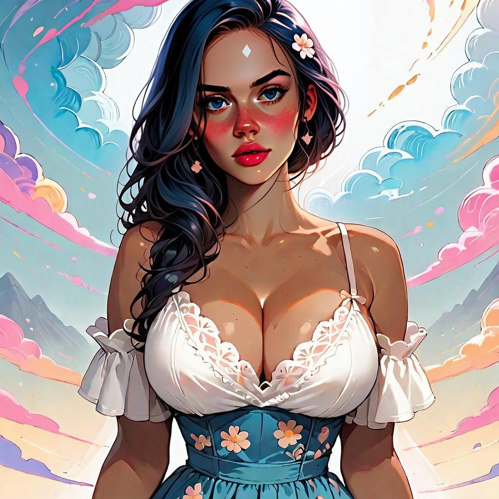 Digital Artwork of Woman in Floral Corset and White Frilly Top