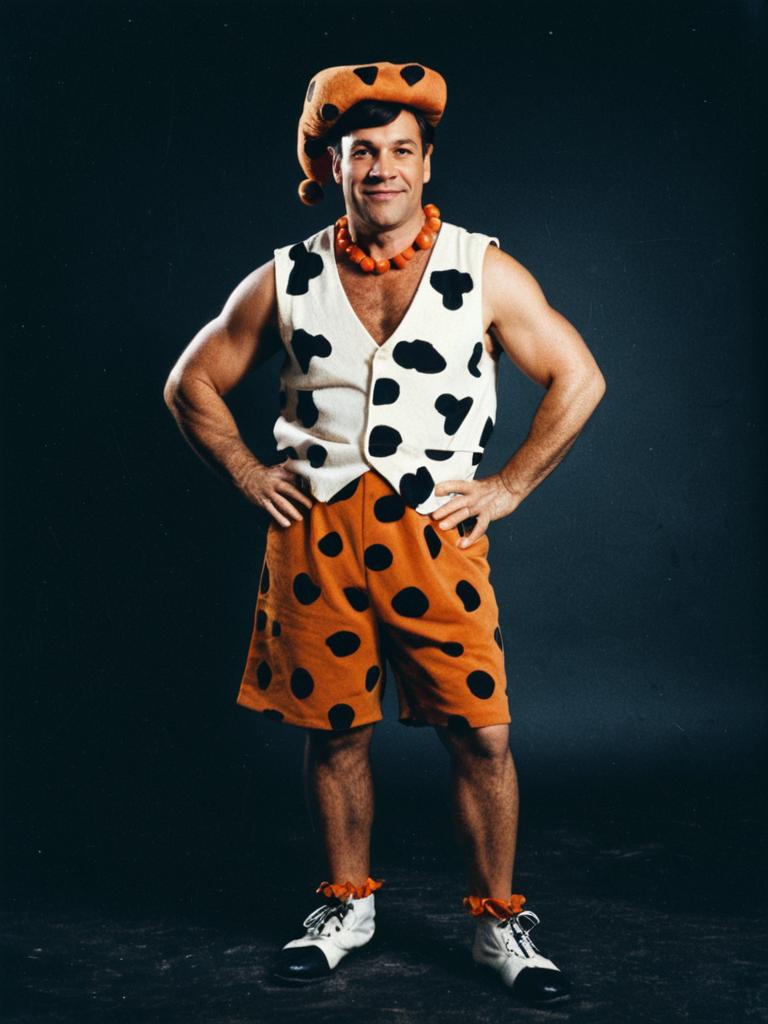 Man in Fred Flintstone Costume Cinematic Realism Playful Studio Portrait