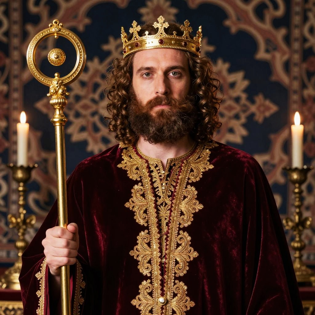 Regal Man in Embroidered Velvet Robe with Gold Crown and Scepter