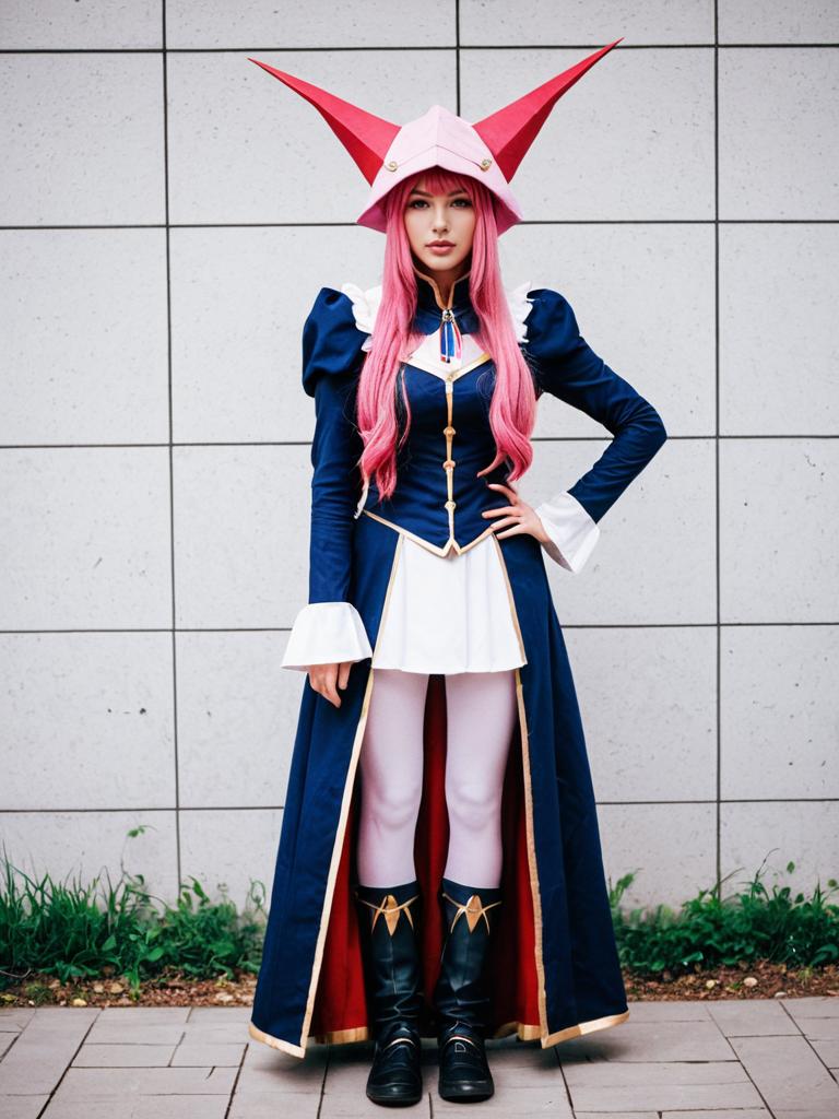 Fantasy Anime Cosplay Woman in Navy Blue and Pink Costume with Decorative Hat