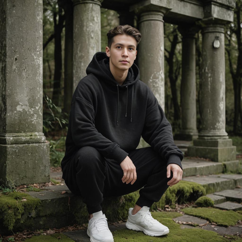 Contemplative Man on Moss-Covered Steps