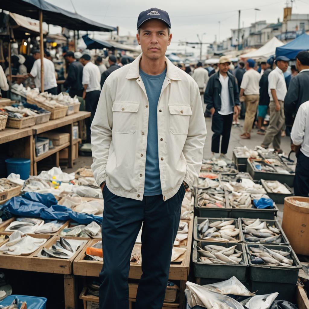 Confident Man at Bustling Fish Market