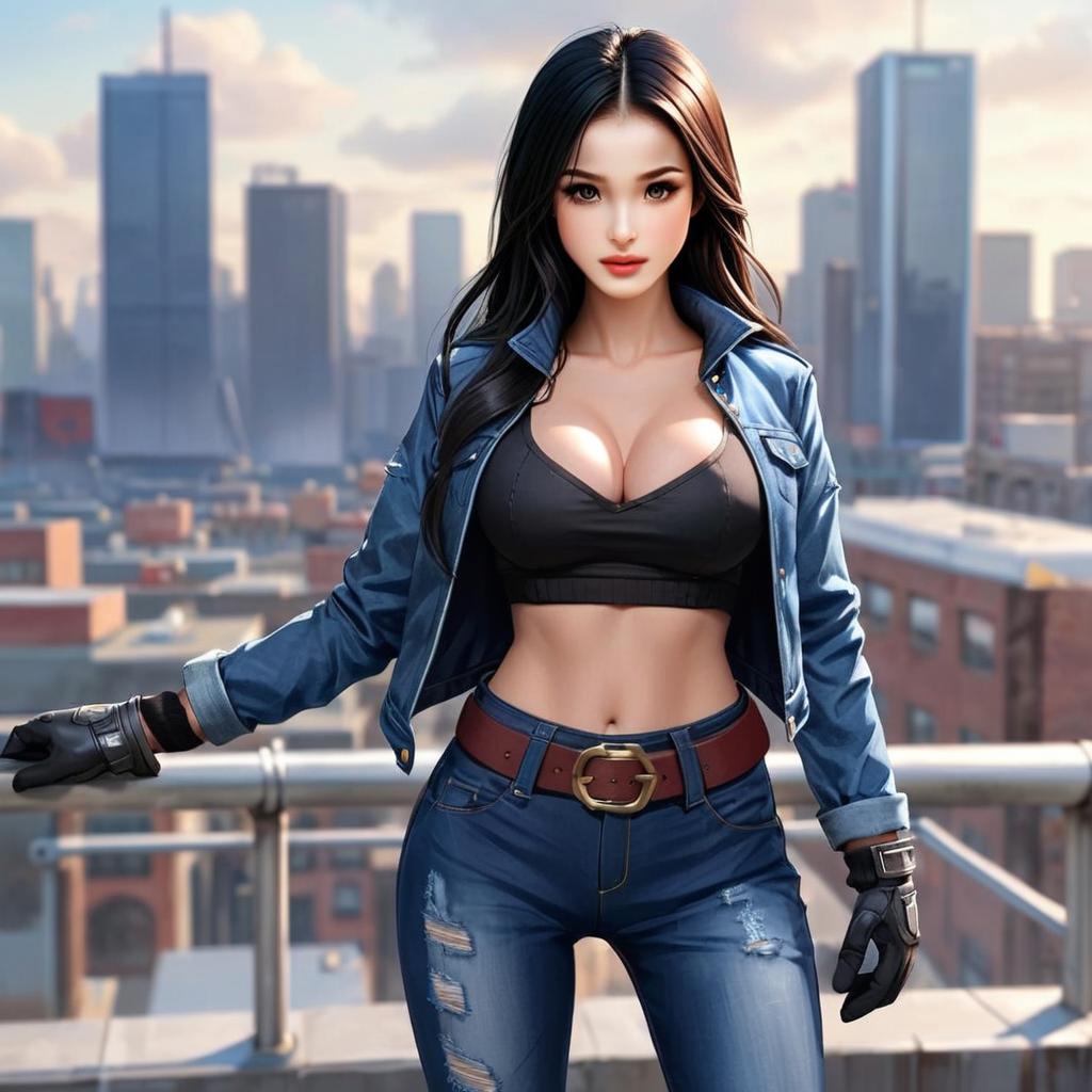 Confident Woman in Denim and Crop Top on Urban Rooftop