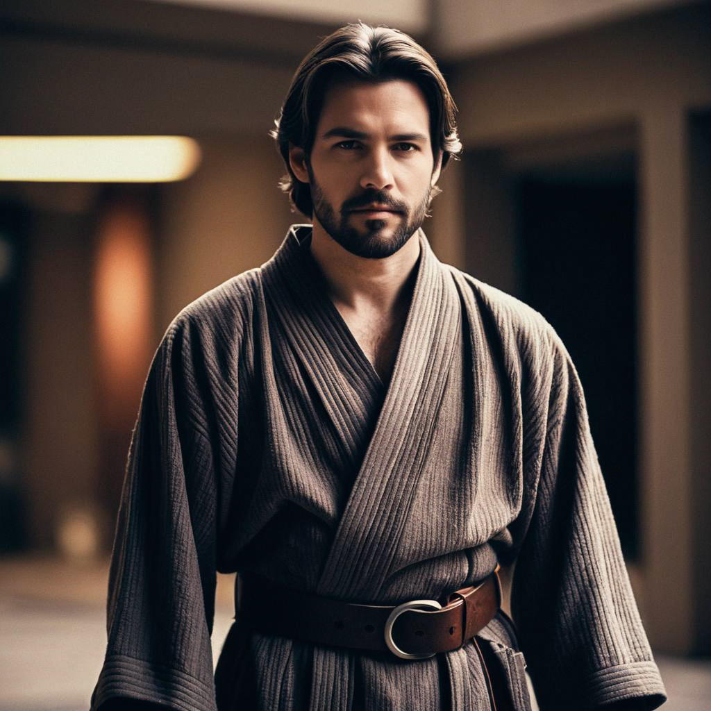 Confident Man in Textured Robe with Leather Belt Confident Man in Textured Robe with Leather Belt