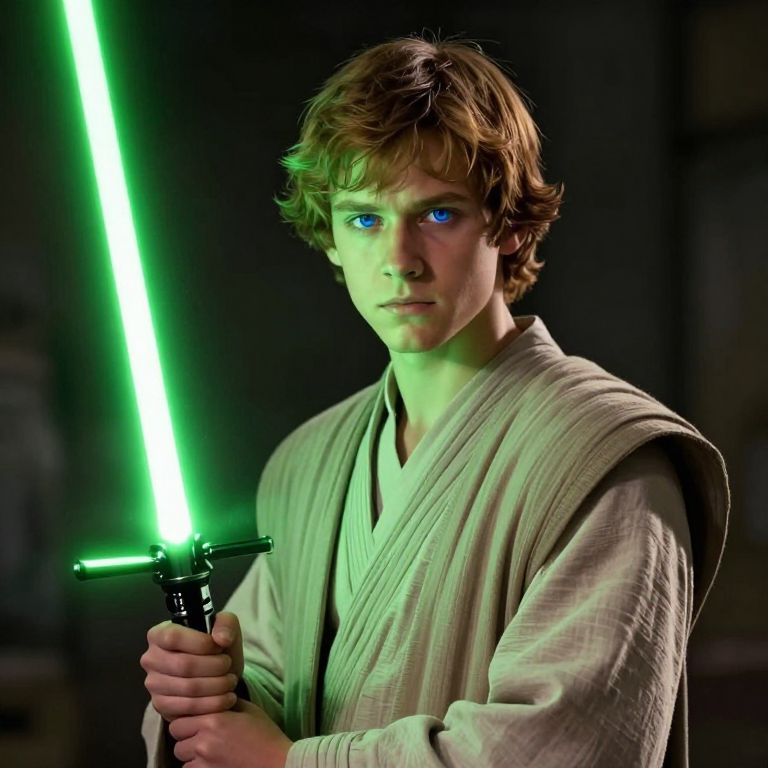 Young Man in Jedi Robe Holding Green Lightsaber Sci-Fi Fantasy