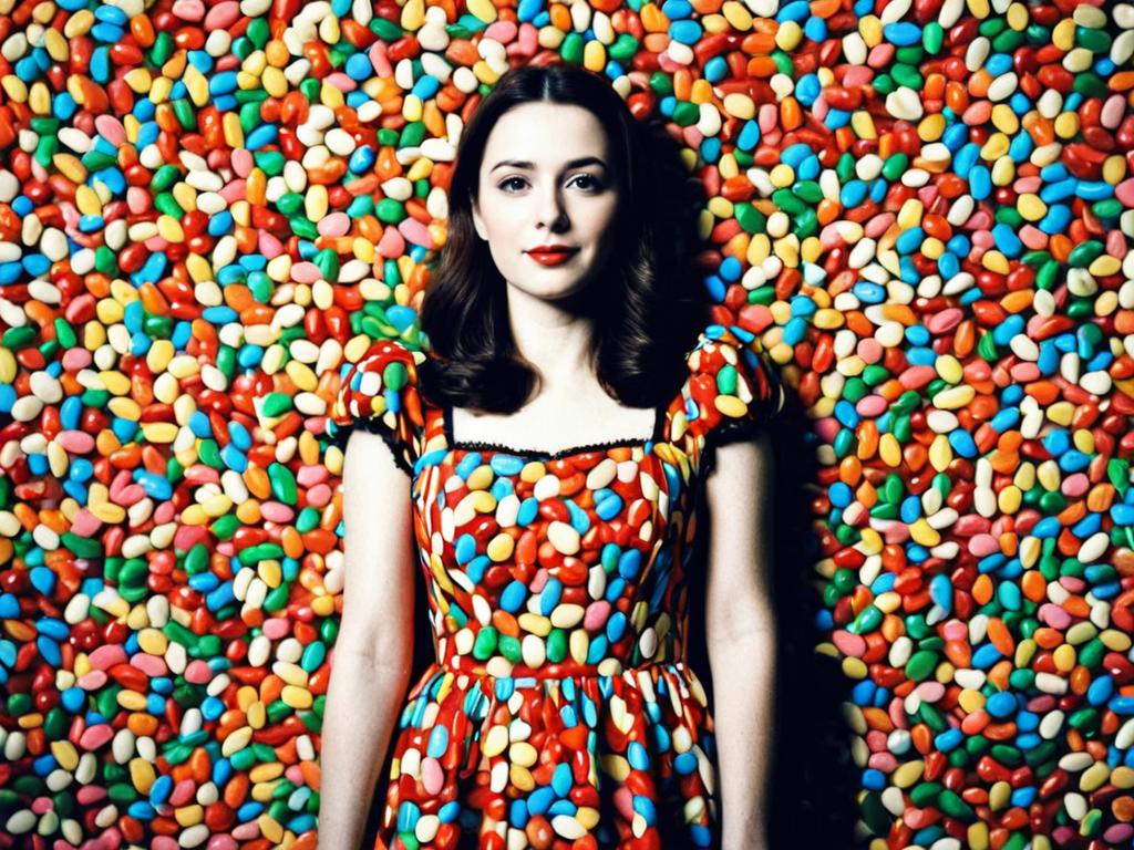 Woman in Colorful Jelly Bean Fancy Dress Standing Against Jelly Bean Background