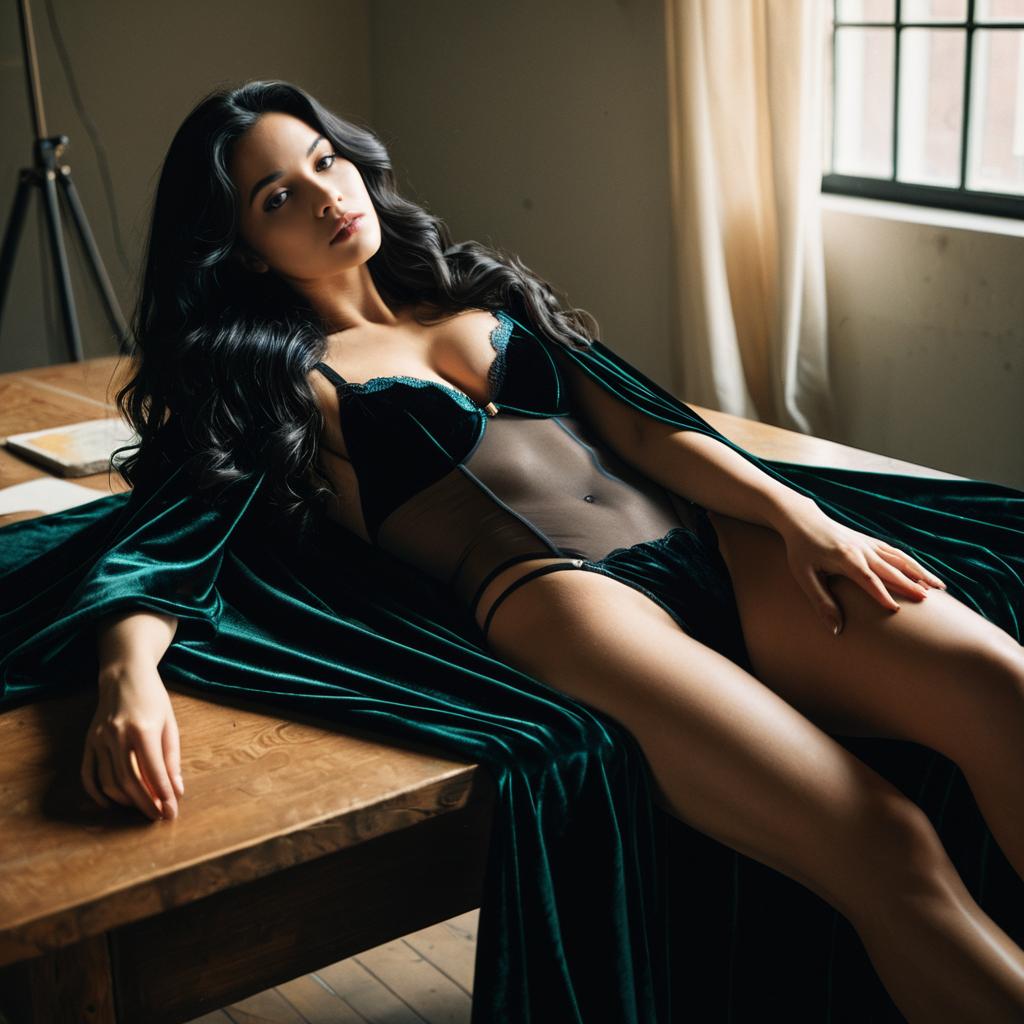 Elegant Woman in Lingerie and Velvet Robe Posing on Wooden Table