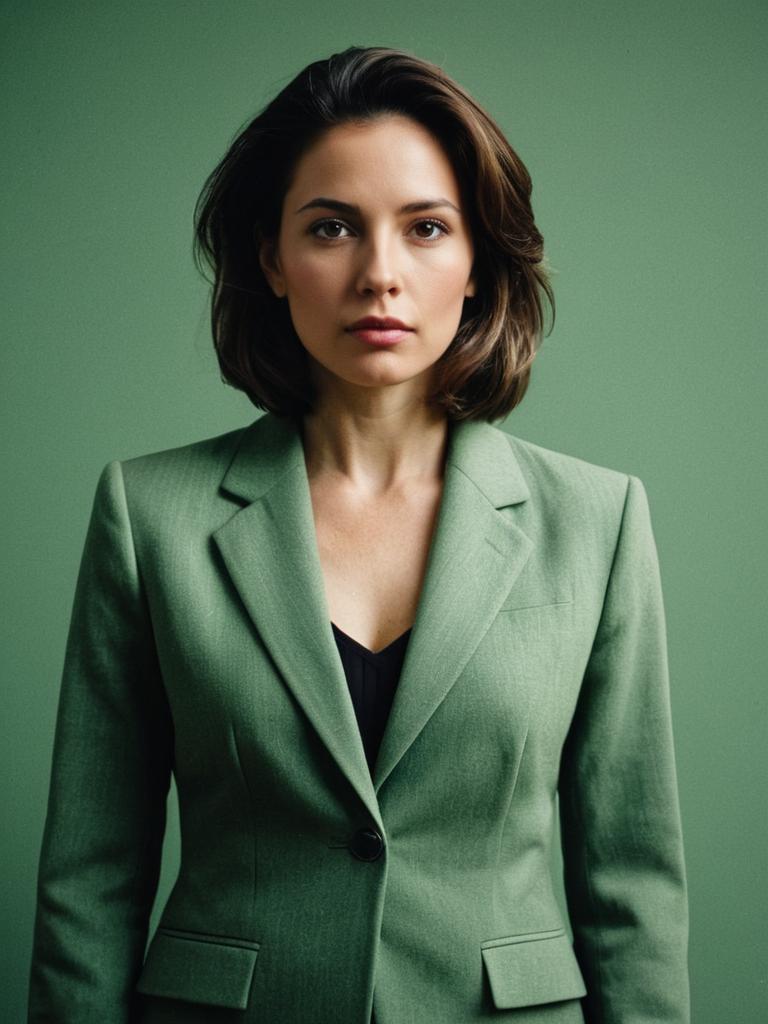 Professional Woman in Sage Green Suit Waist-Up Portrait