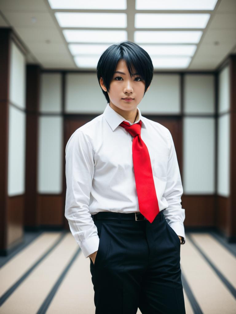 Confident Young Man in White Shirt and Red Tie Standing in Modern Hallway