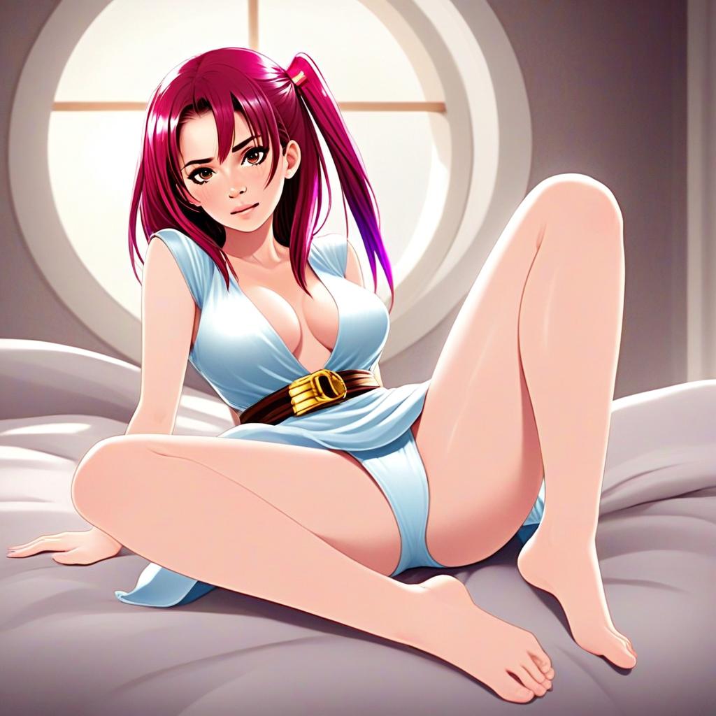 Anime Style Illustration of Woman with Magenta Hair in Light Blue Outfit