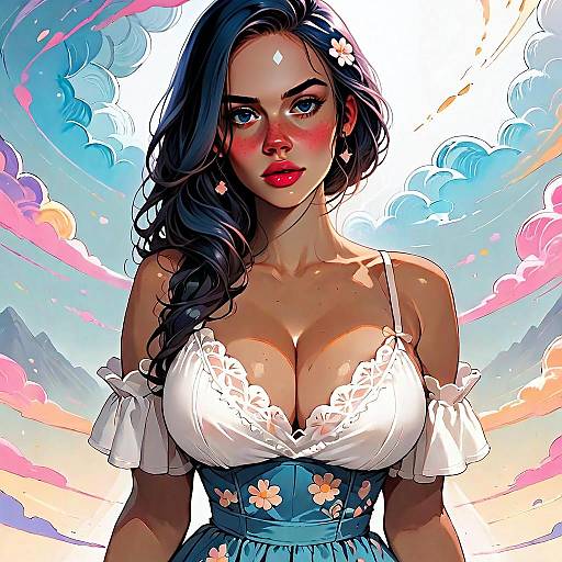 Digital Artwork of Woman in Floral Corset and White Frilly Top