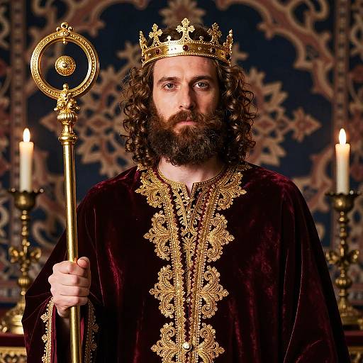 Regal Man in Embroidered Velvet Robe with Gold Crown and Scepter