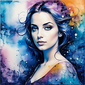 Vibrant Portrait of Woman with Blue Hair and Abstract Patterns