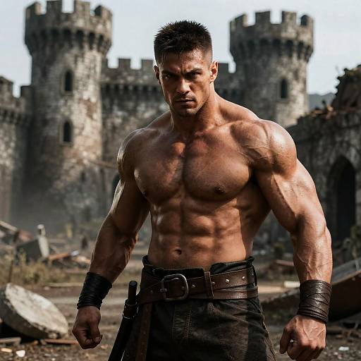 Muscular Man Warrior in Front of Medieval Castle