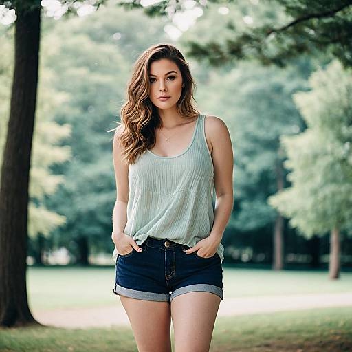 Young Woman Outdoors Wearing Light Green Top and Denim Shorts in Park