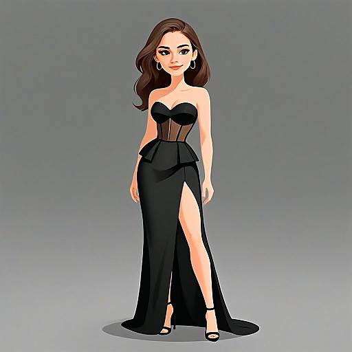 Stylish Woman in Elegant Black Evening Gown Digital Illustration