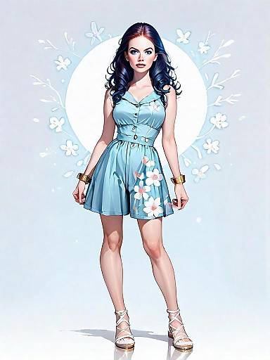 Stylized Comic Art Woman in Blue Summer Dress with Floral Design