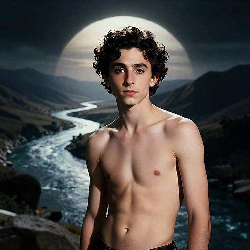Shirtless Young Man by River with Mountain Landscape and Glowing Moon