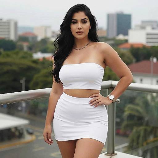 Confident Woman in White Two-Piece Outfit Posing on Urban Balcony