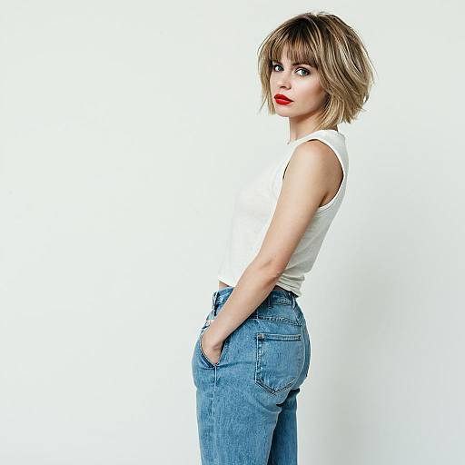 Young Woman with Bob Haircut in White Top and Blue Jeans