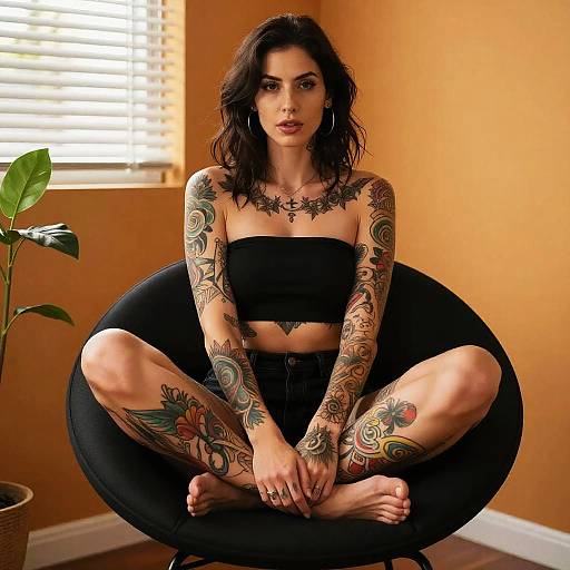 Tattooed Woman Sitting Cross-Legged in Modern Chair with Orange Background