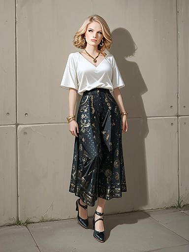 Woman in Casual Chic White Top and Patterned Wide-Leg Trousers Full Body Shot