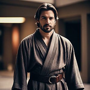 Confident Man in Textured Robe with Leather Belt