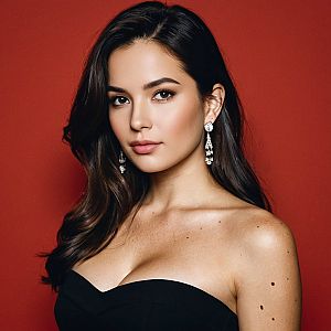 Sophisticated Woman in Black Dress Against Red Background