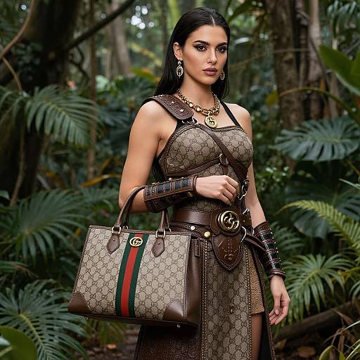 Luxury Fashion Woman in Leather Outfit with Gucci Handbag in Jungle