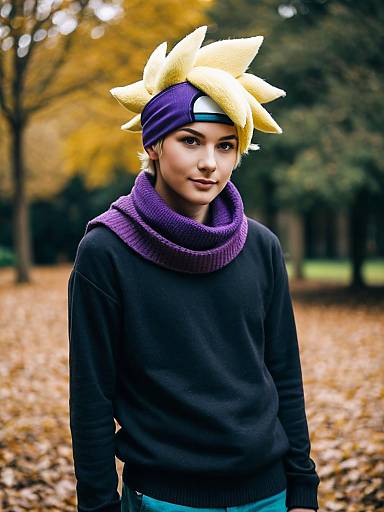Young Woman Cosplaying Pokémon Character with Yellow Spiky Wig in Autumn Park
