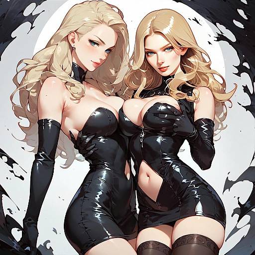 Anime Style Blonde Women in Black Latex Dresses Digital Illustration