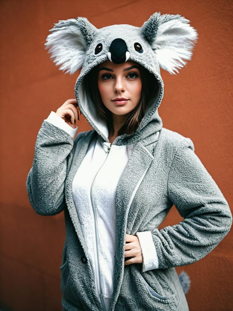 Sexy Woman Wearing Realistic Koala Cosplay Costume with Hood