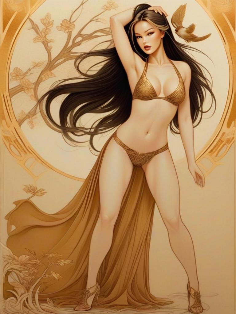 Confident Woman in Golden Bikini with Sheer Skirt Confident Woman in Golden Bikini with Sheer Skirt