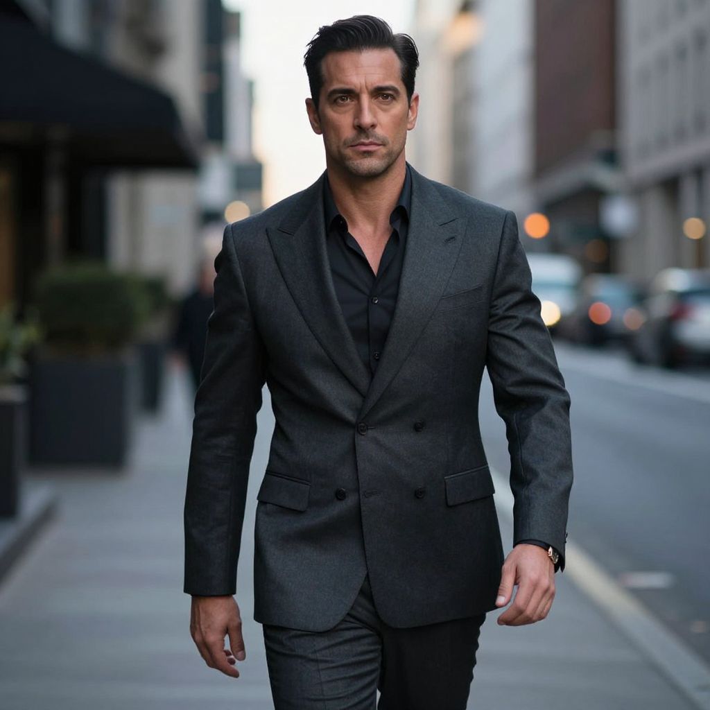 Confident Man in Tailored Dark Grey Suit Walking on Urban Street