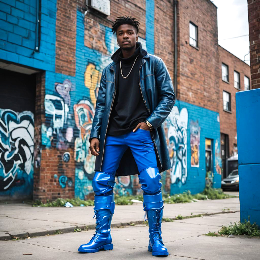 Stylish Young Man in Blue Outfit Against Graffiti Wall