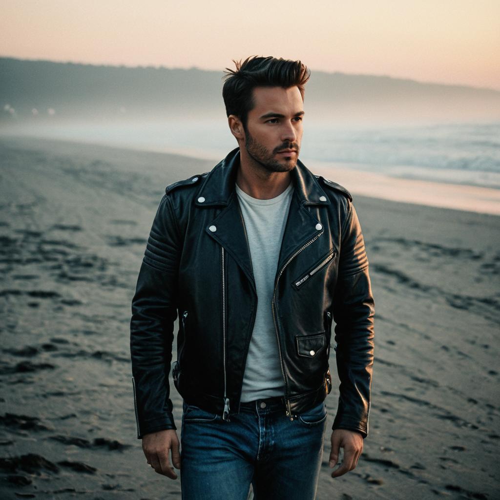 Stylish Man in Leather Jacket on Misty Beach at Sunset