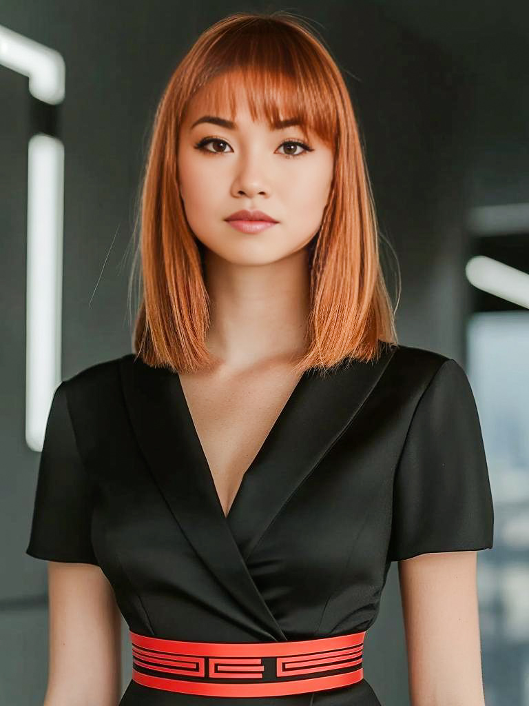 Elegant Woman in Black Dress with Red Belt