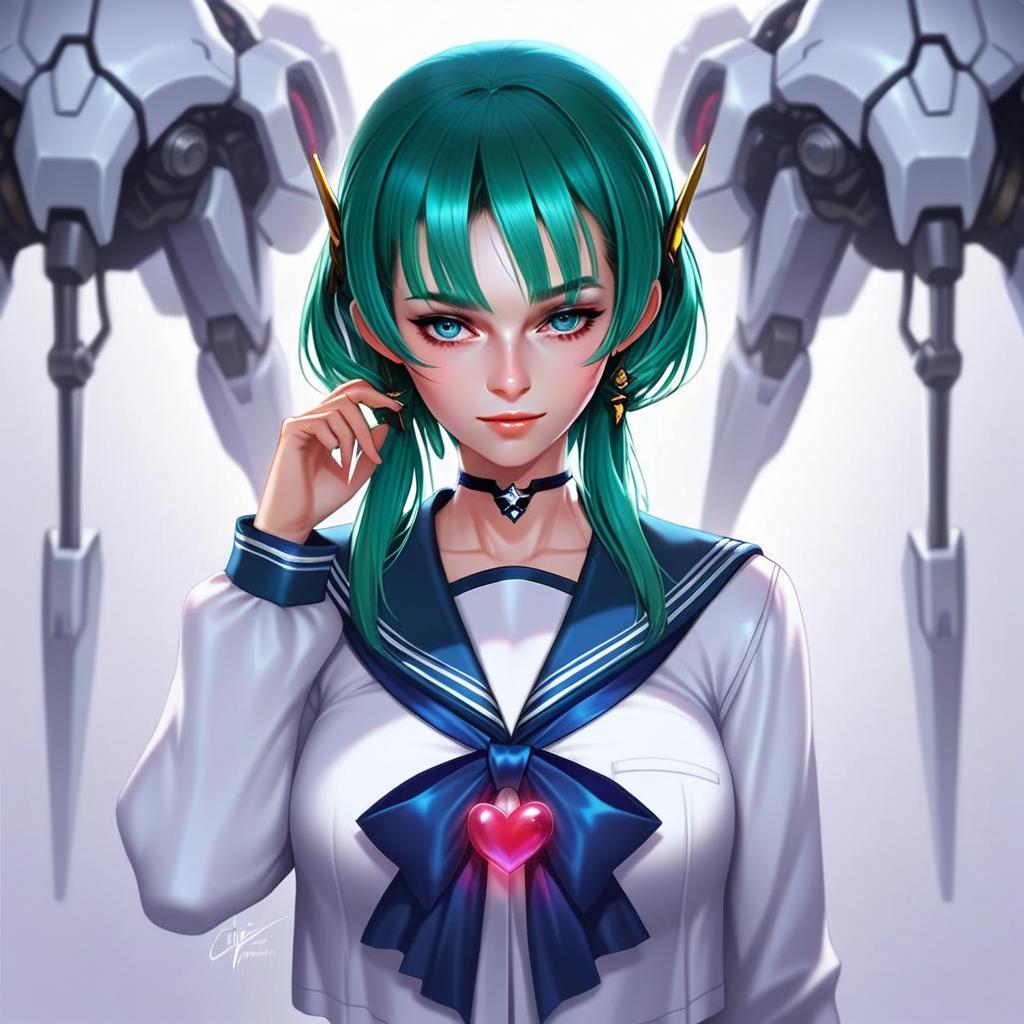 Anime Style Woman with Teal Hair and Futuristic Robots in Sci-Fi School Uniform