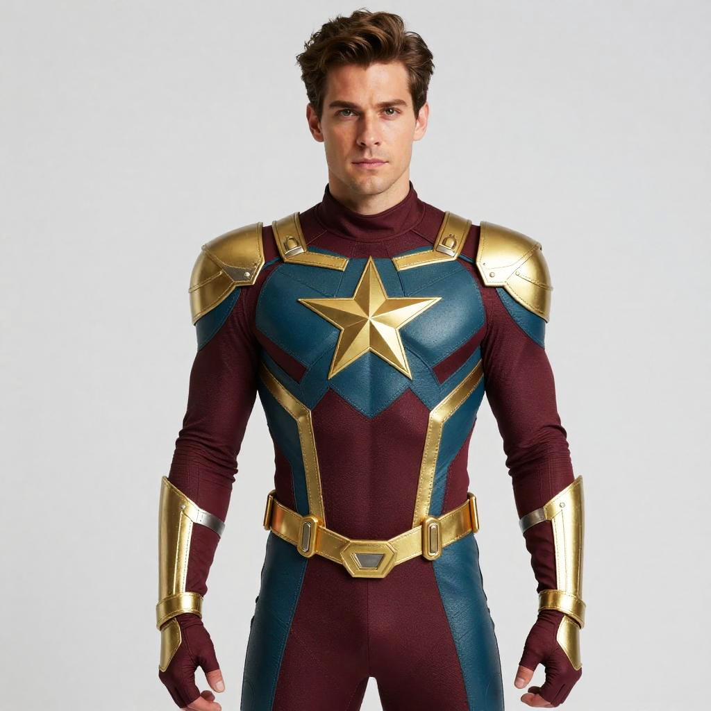 Man in Modern Superhero Costume with Gold Star Armor