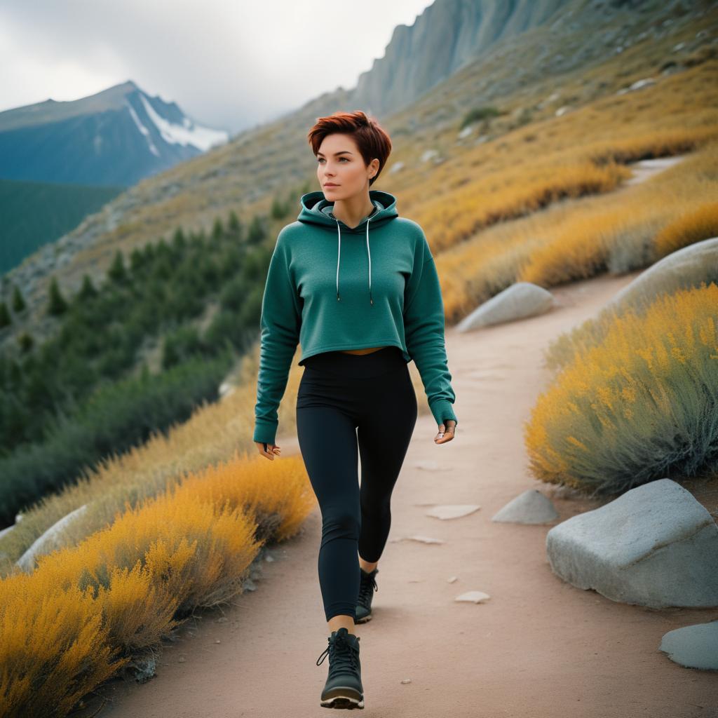 Confident Woman in Green Hoodie on Scenic Trail